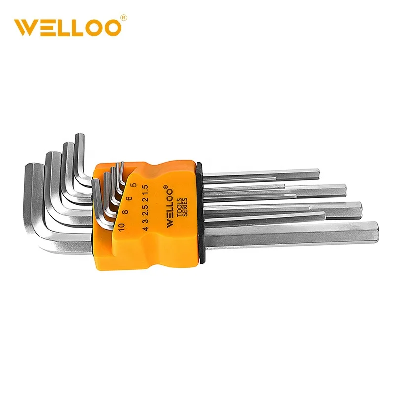 WELLOO 1.5-10mm Short Arm Industrial Hex Key Set Crv 9 Pcs Packing Satin Finish Chrome Alloy Key Set model HKF2009S/M/L HAND TOOLS catalog product image