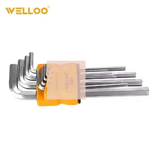 WELLOO 1.5-10mm Short Arm Industrial Hex Key Set Crv 9 Pcs Packing Satin Finish Chrome Alloy Key Set model HKF2009S/M/L HAND TOOLS product detail photo 7
